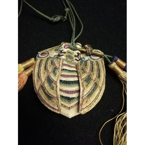 143 - Oriental silk embroidered & tasselled cicada snuff bottle purse