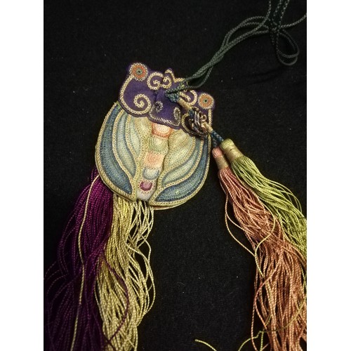 144 - Pair of oriental silk embroidered & tasselled cicada snuff bottle purses
