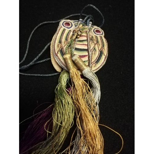 144 - Pair of oriental silk embroidered & tasselled cicada snuff bottle purses