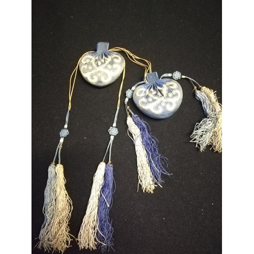 145 - Pair of oriental silk embroidered & tasselled snuff bottle purses (blue/white)