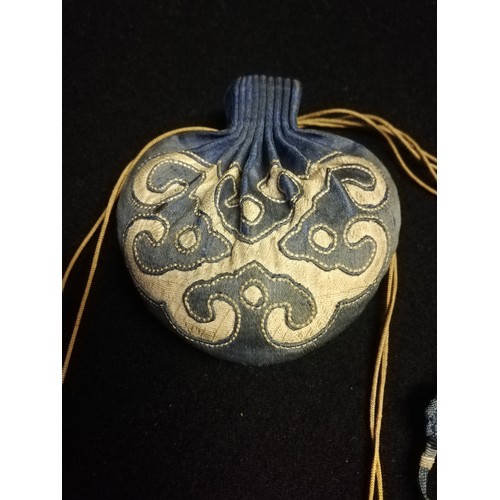 145 - Pair of oriental silk embroidered & tasselled snuff bottle purses (blue/white)