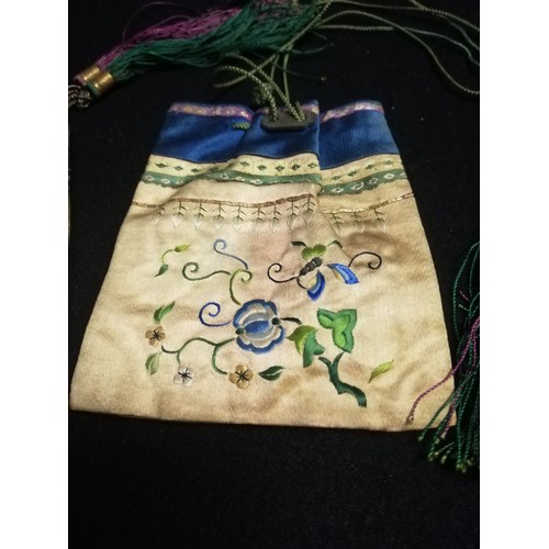 147 - Pair of oriental silk embroidered & tasselled snuff bottle purses (cream/blue)