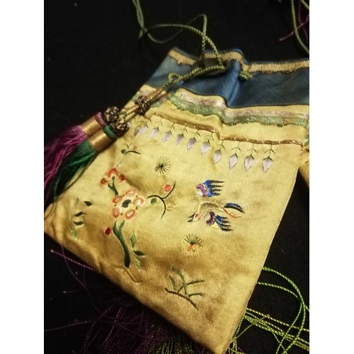 147 - Pair of oriental silk embroidered & tasselled snuff bottle purses (cream/blue)