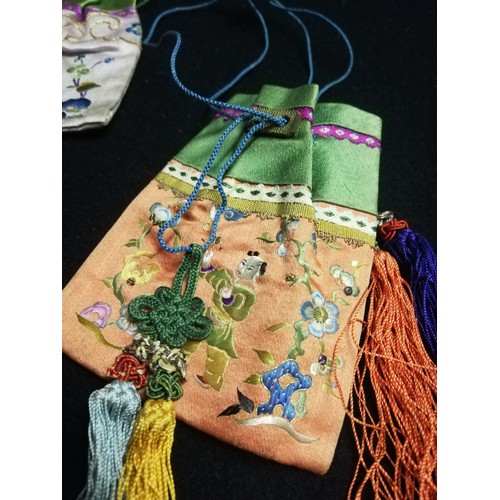 148 - Lot of 3 x oriental silk embroidered & tasselled snuff bottle purses