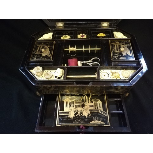 153 - Oriental lacquered sewing box with drawer & various lidded compartments containing original bone sew... 