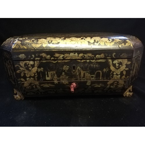 153 - Oriental lacquered sewing box with drawer & various lidded compartments containing original bone sew... 