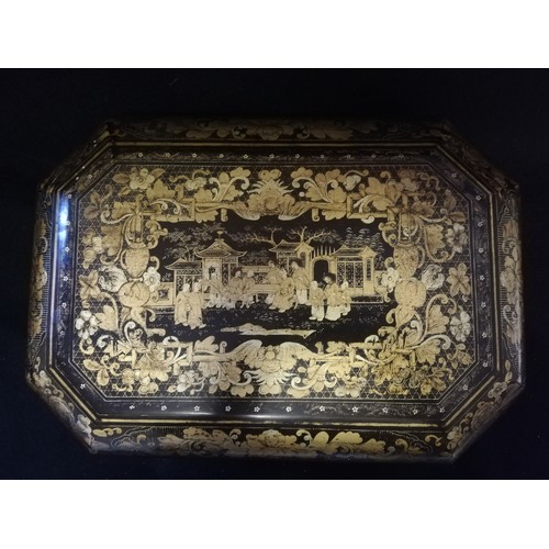 153 - Oriental lacquered sewing box with drawer & various lidded compartments containing original bone sew... 
