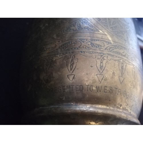 196 - Cairo ware brass vase with inscription - Presented to W E S Trigg Esq by the workshops staff in appr... 