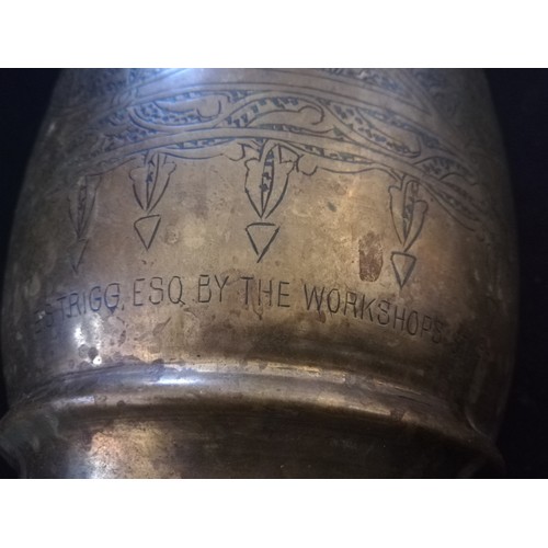 196 - Cairo ware brass vase with inscription - Presented to W E S Trigg Esq by the workshops staff in appr... 