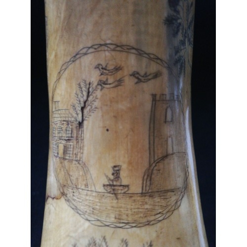 209 - American folk art horn powder flask being profusely decorated with naive depictions of 3 tall masted... 