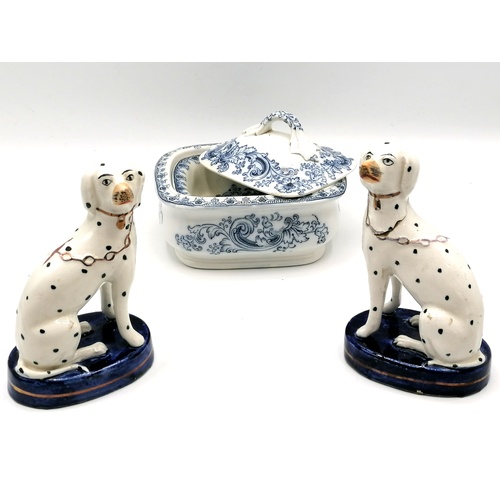 87 - Staffordshire pair of dalmatian dogs - 1 (a/f) t/w blue & white soapdish