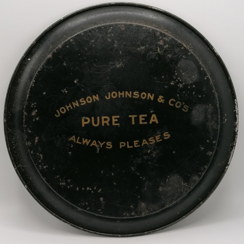 96 - Johnson Johnson & Co's Pure tea always pleases tin tray with Annabelle picture - diameter 13