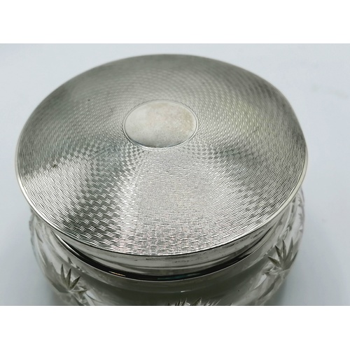 121 - 5 x silver top glass dressing table jars - largest diameter 4