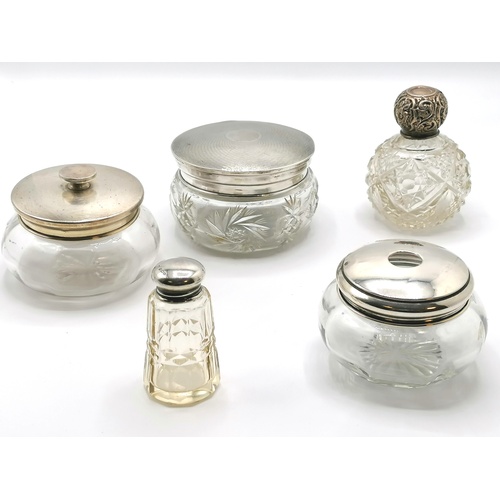 121 - 5 x silver top glass dressing table jars - largest diameter 4