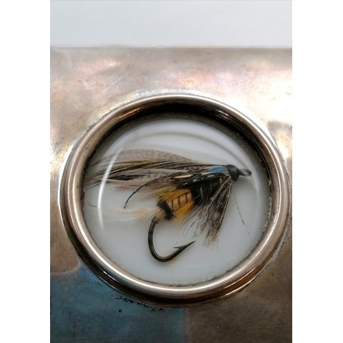 133 - Novelty silver cigarette box with a salmon fly set under glass in the lid - 5½
