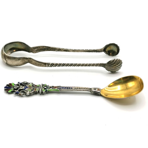 134 - Continental silver & enamel spoon with gilded bowl t/w continental silver marked tongs - total weigh... 