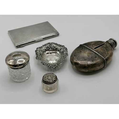 135 - Victorian silver & glass hip flask (dents + damaged neck of flask) t/w 2 silver topped jars (dents t... 