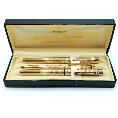 155 - Sheaffer Targa gold plated trio of fountain pen, ballpoint & fibre tip - all with Canon branding in ... 