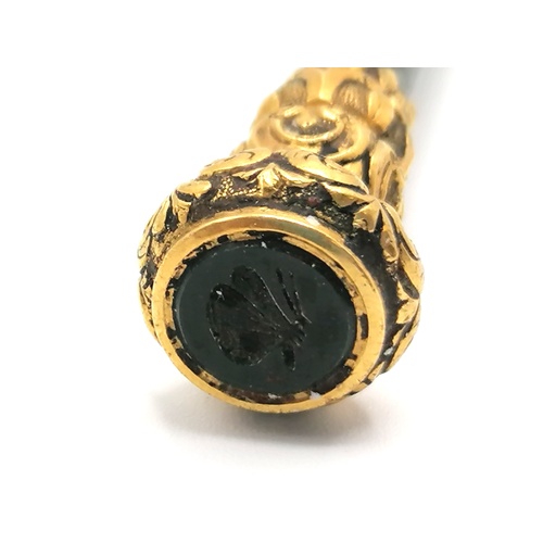 158 - Mid Victorian bloodstone & unmarked yellow metal dip pen terminating in a butterfly intaglio / seal ... 