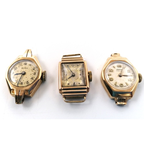 179 - 3 x 9ct gold cased ladies wristwatches - total weight of gold inc glasses - 10g