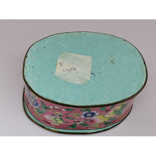 350 - Chinese oval enamel box and cover, in good overall condition, 3¼