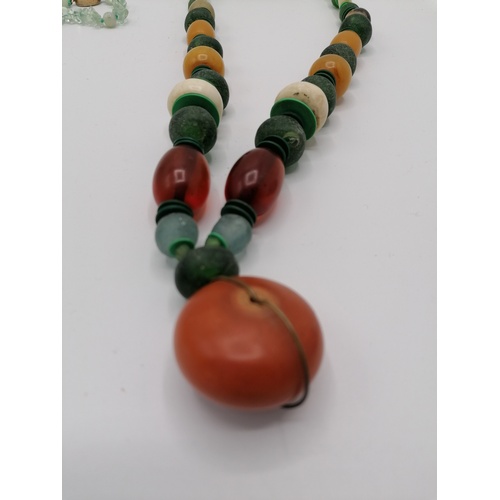 351 - Antique Cinnabar bracelet, green jade and bone carved necklace 34