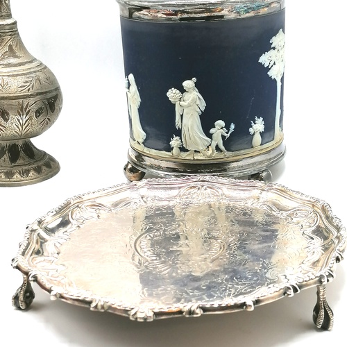 582 - Silver plated salver t/w rosewater sprayer, lacquer box lid, toast rack & biscuit barrel (a/f)