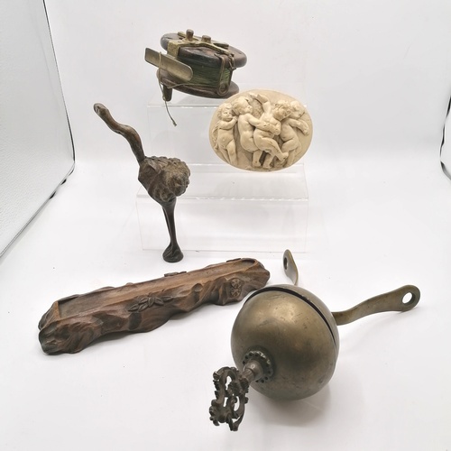 591 - Antique fishing reel, plaster putti plaque (a/f), carriage bell, rootwood carving of an ostrich (8