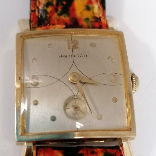 175 - Hamilton art deco 14ct gold manual wind wristwatch with inscription on reverse