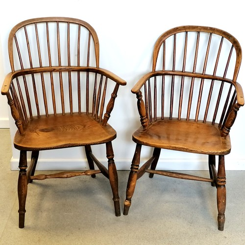 49 - a pair of antique elm Windsor carver chairs t/w 4 matched antique elm farmhouse stick back chairs