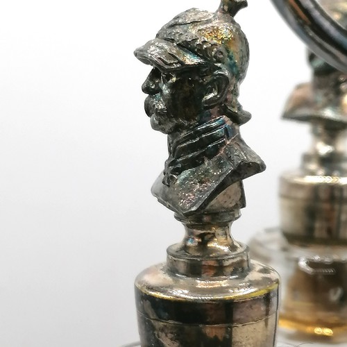 383 - Meriden Brandy / Whisky / Rum decanter set on a plated spirit bottle carrier with a parrot finial to... 