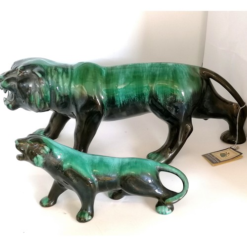 388 - Blue Mountain pottery pair of tigers - largest nearly 18