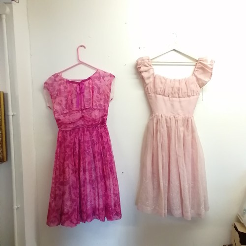 808 - 2 x pink 1950's chiffon sleeveless dresses - zip needs replacing in the lighter pink dress