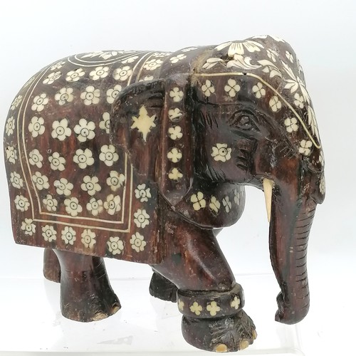 6 - 2 x hardwood carved indian elephants with ivory inlay - height 6