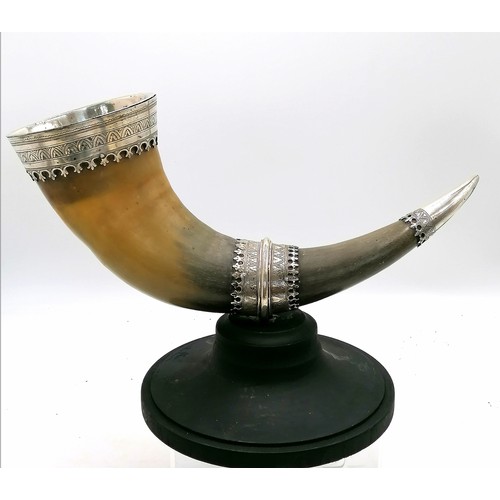 8 - Unmarked silver mounted horn on a wooden base - height 8½