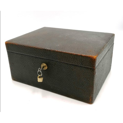 14 - Antique black leather covered jewellery box w/ Banham lock and key w/ two lift out trays, 5.5