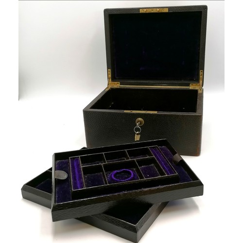 14 - Antique black leather covered jewellery box w/ Banham lock and key w/ two lift out trays, 5.5