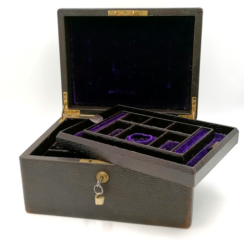 14 - Antique black leather covered jewellery box w/ Banham lock and key w/ two lift out trays, 5.5