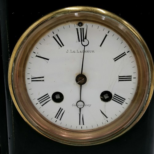 26 - Ebonised cased enamel dialled Guernsey (J Le Lacheur) mantle clock (8