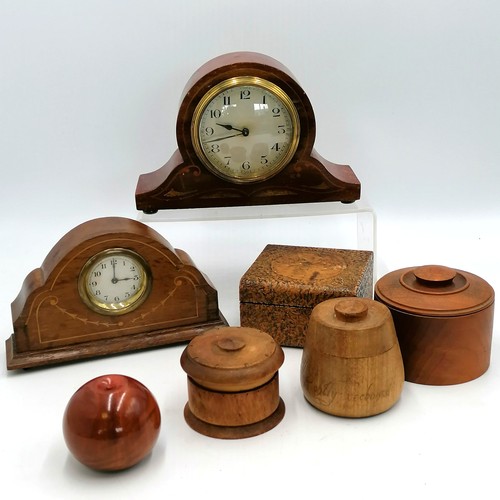 27 - Edwardian mahogany inlaid mantle clock t/w an oak clock t/w a qty of woodware