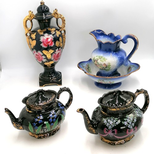 34 - Hand painted and gilded urn, 2 teapots (1 a/f) and a jug and bowl