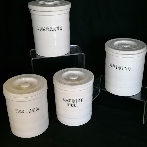 39 - 4 Victorian lidded white storage containers, currants, candied peel, tapioca and raisins - 2 are sta... 