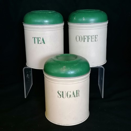 41 - 3 cream and green lidded metal tea, coffee and sugar containers. 6