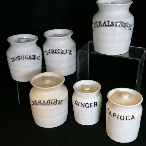 42 - 6 Victorian lidded storage jars, sugar, rice, raisins, sago, tapioca and ginger. tallest 6