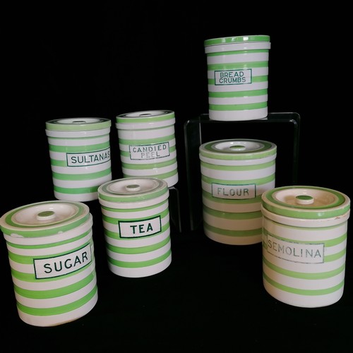 43 - 7 Victorian Maling evergreen banded storage jars with lids. Sultanas, candied peel, bread crumbs, se... 