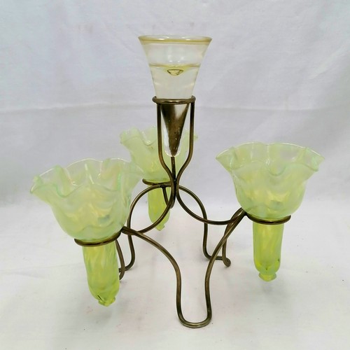 66 - Vaseline glass epergne in a nickel frame - height 9½