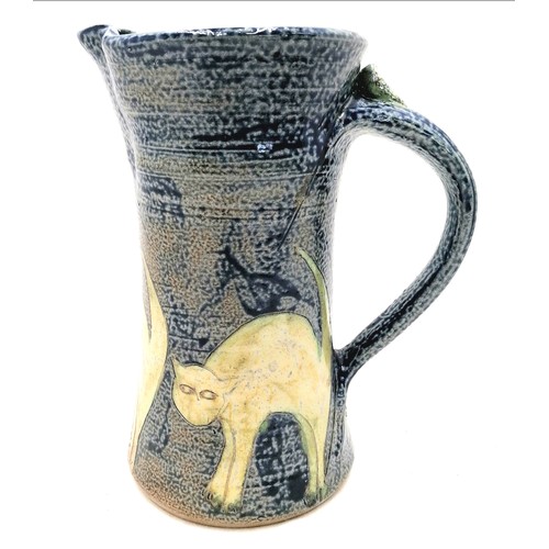 80 - Studio pottery jug, blue ground with cats around the base with an R impressed mark (Rowena Kinsman) ... 