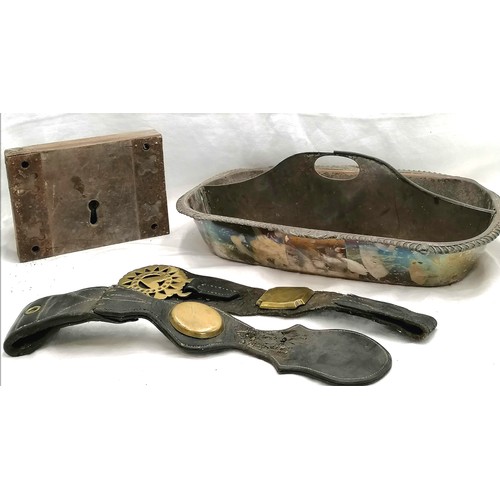 84 - 2 leather straps with horse brasses, plated cutlery tray & antique lock