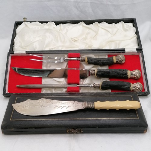 105 - Stainless steel & silver plated 3 piece carving set with antler handles t/w a silver plated fish sli... 