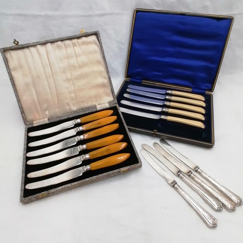 106 - Cased set of art deco bakelite handled fruit knives t/w 4 silver handled butter knives & a part set ... 